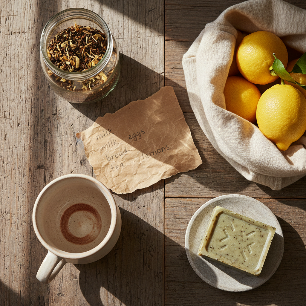 Overhead view of a worn wooden table with a hand-torn brown paper grocery list, loose leaf tea in a glass jar, a linen produce bag with Meyer lemons, a half-used olive soap bar, and a ceramic mug with a tea stain ring in natural window light