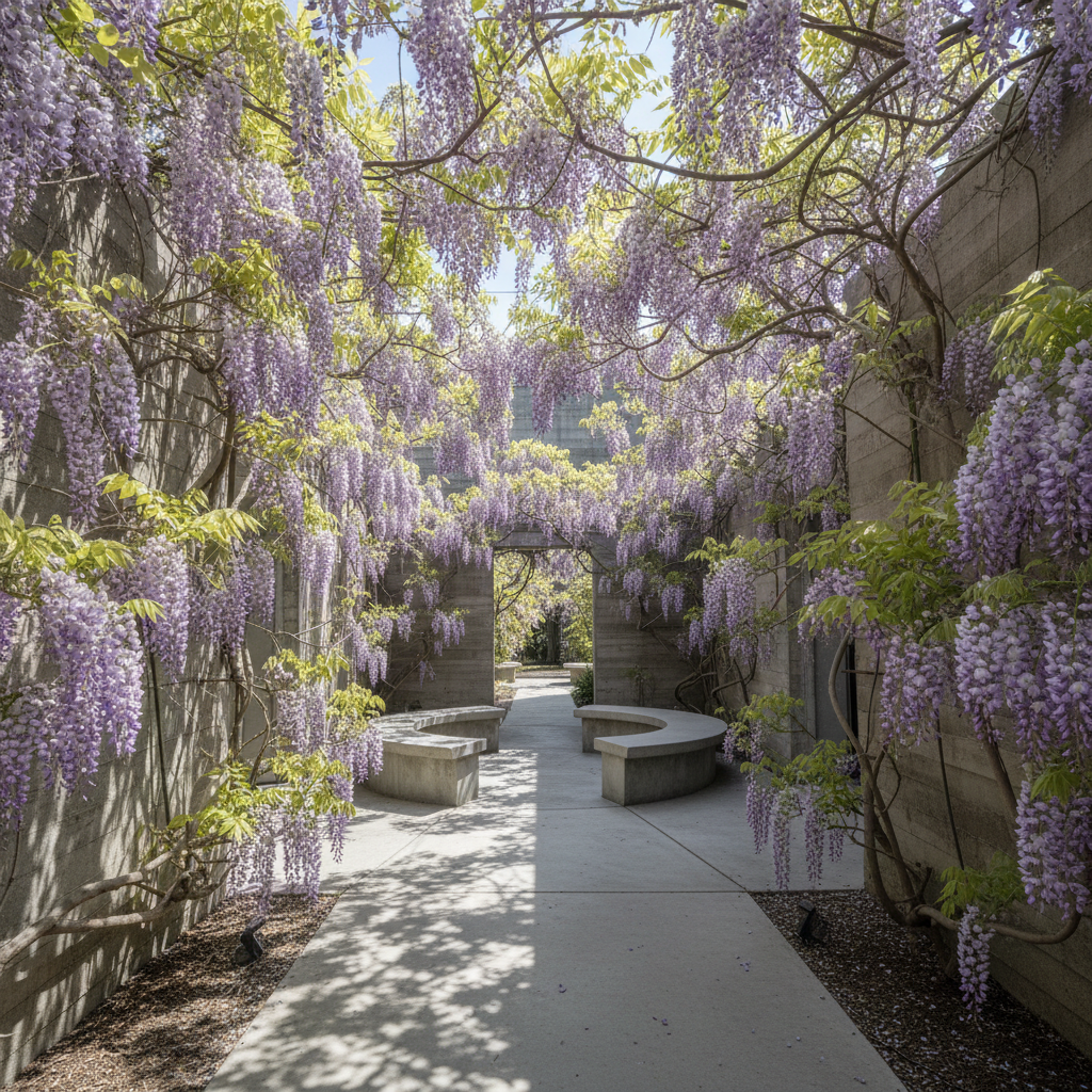 Courtyard garden where poured concrete meets ungovernable wisteria cascading over raw walls