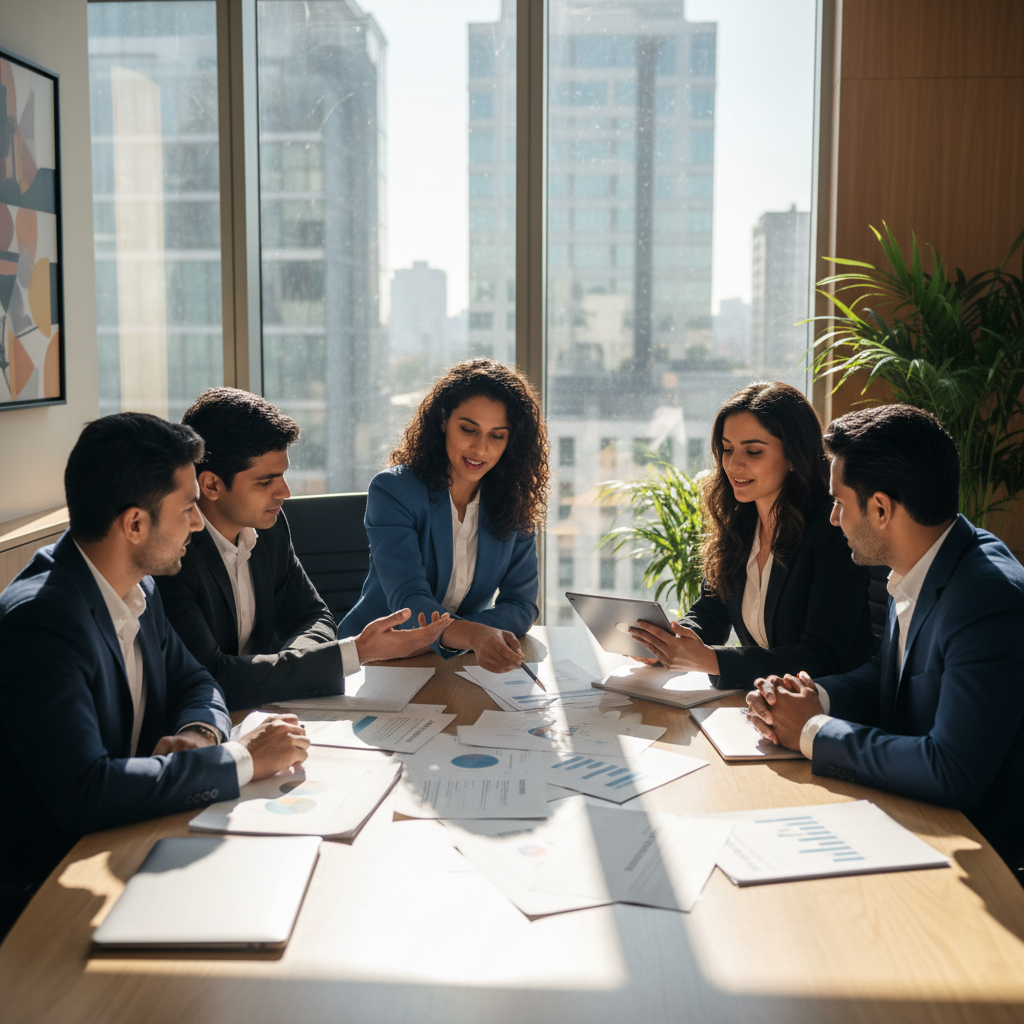 Diverse Indian business team collaborating in bright modern office with laptops