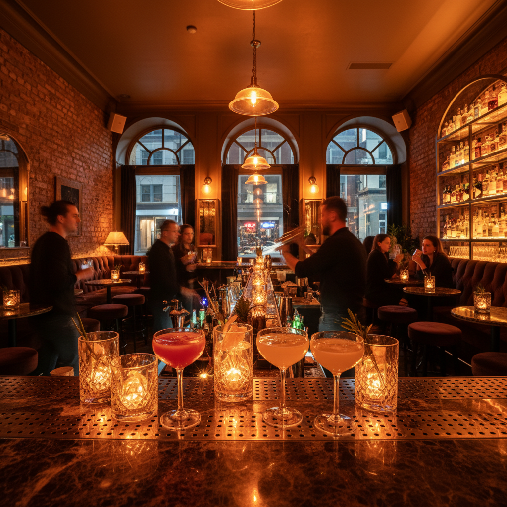 Arvona Bar at night with warm amber lighting and cocktail glasses