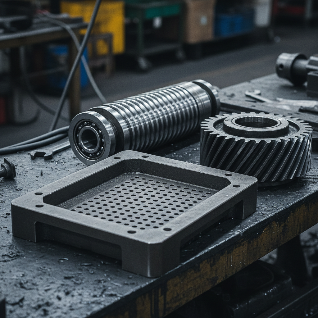 Steel industrial bearings with polished metallic surfaces on dark workshop bench, close-up precision engineering components