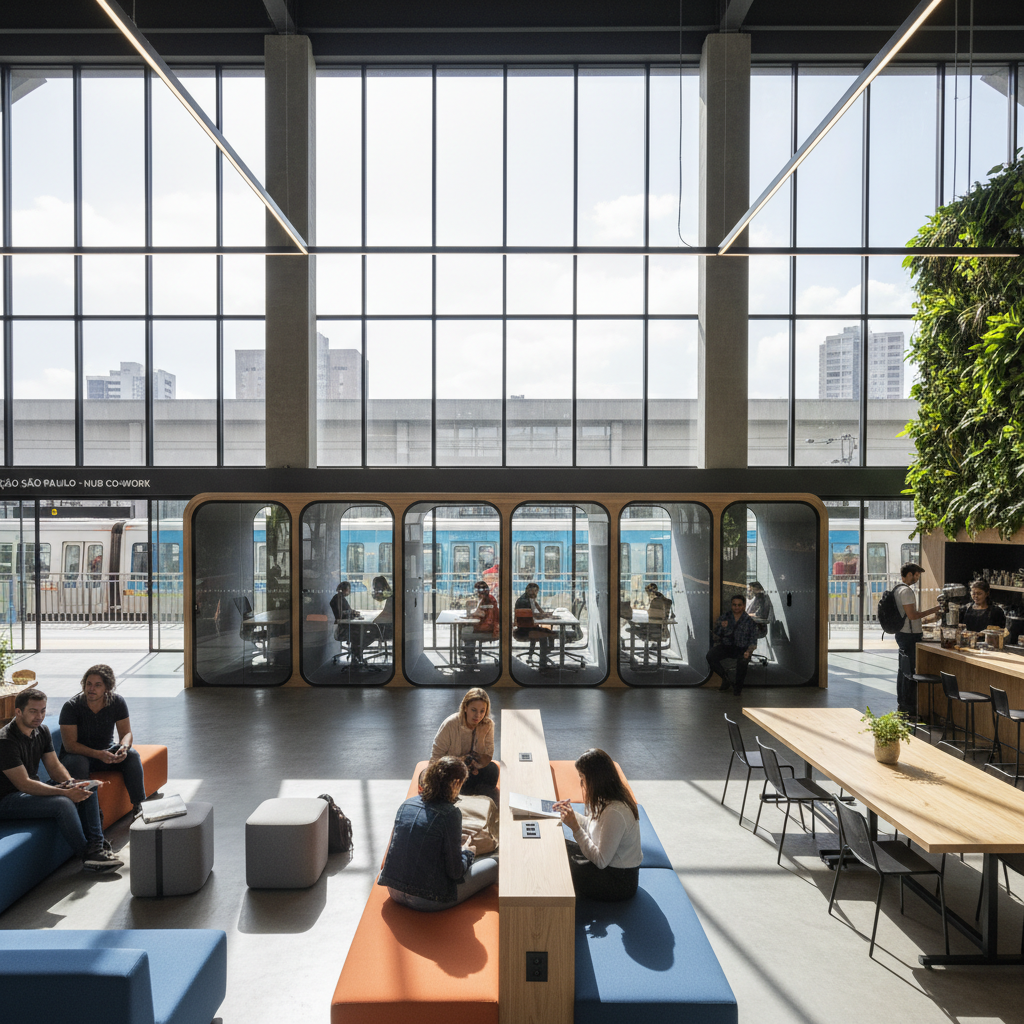 Modern co-working space with exposed brick walls, industrial lighting, long communal tables, and greenery