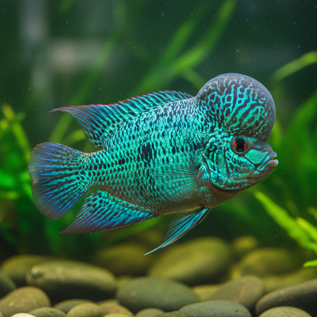 Vibrant flowerhorn cichlid with prominent nuchal hump and iridescent blue-green coloration