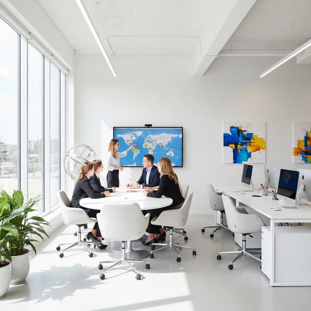 Équipe de l'agence MandenVoyage en réunion, bureau lumineux et moderne, ambiance professionnelle et chaleureuse