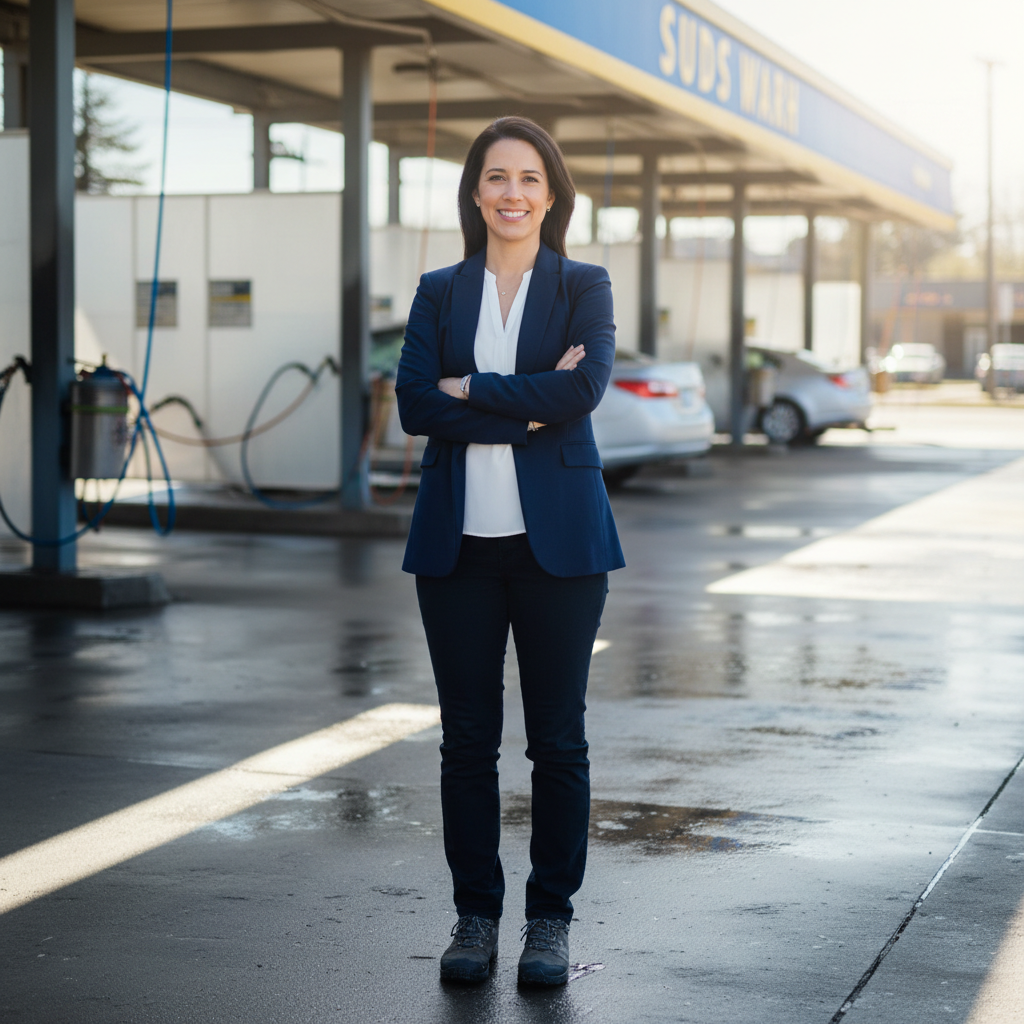 Proud woman business owner standing in front of Suds car wash bays, smiling with arms crossed