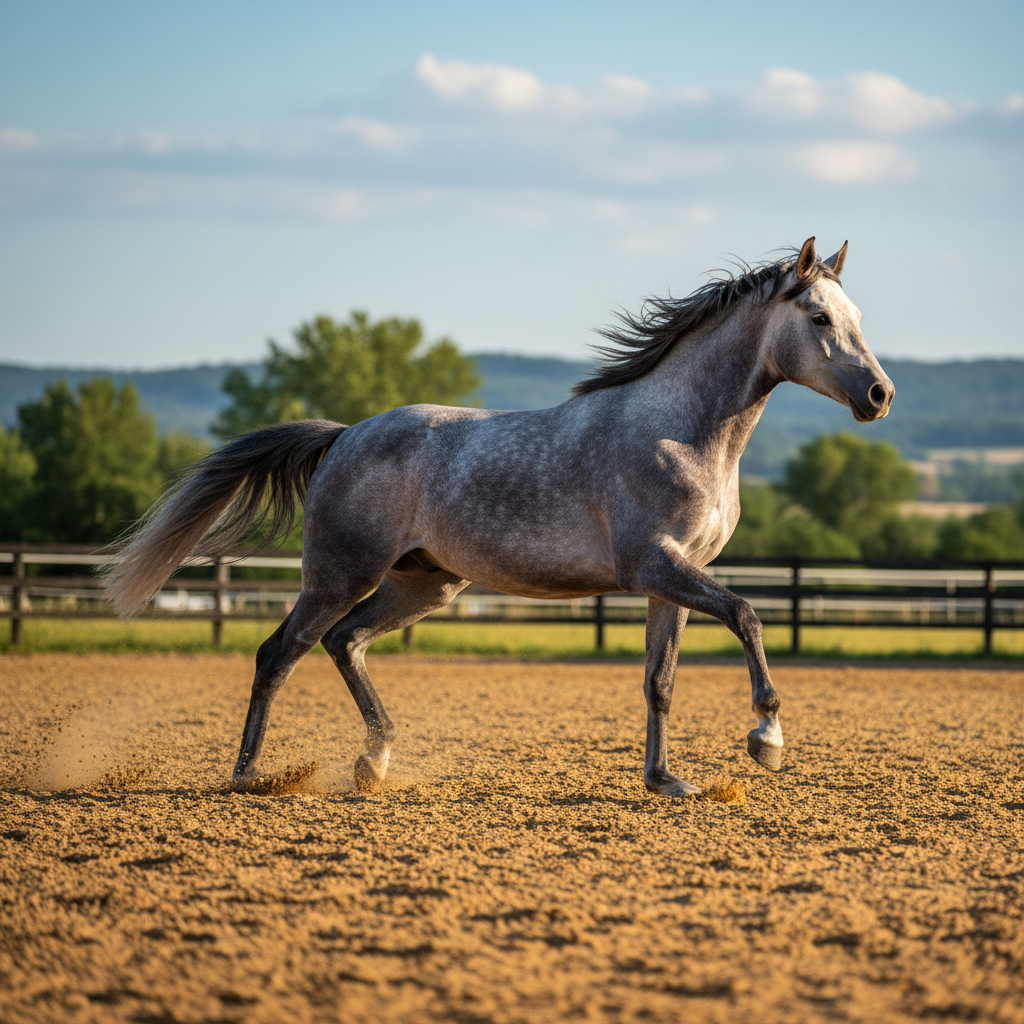 Grey dapple filly in motion with elegant extended trot in sandy arena