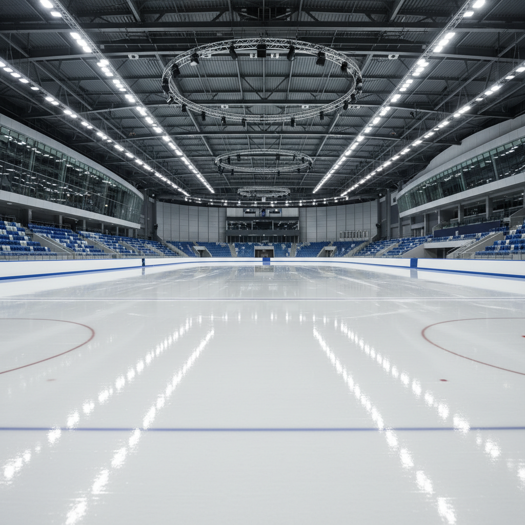 Indoor speed skating oval with polished ice surface and overhead arena lighting at the Utah Olympic Oval