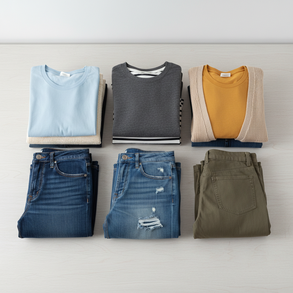 Casual everyday clothing folded in neat piles