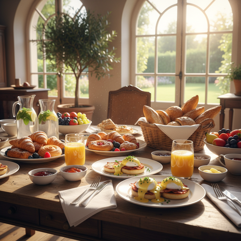 Bright Sunday brunch spread with eggs benedict, fresh fruit, and mimosas on a sunny patio