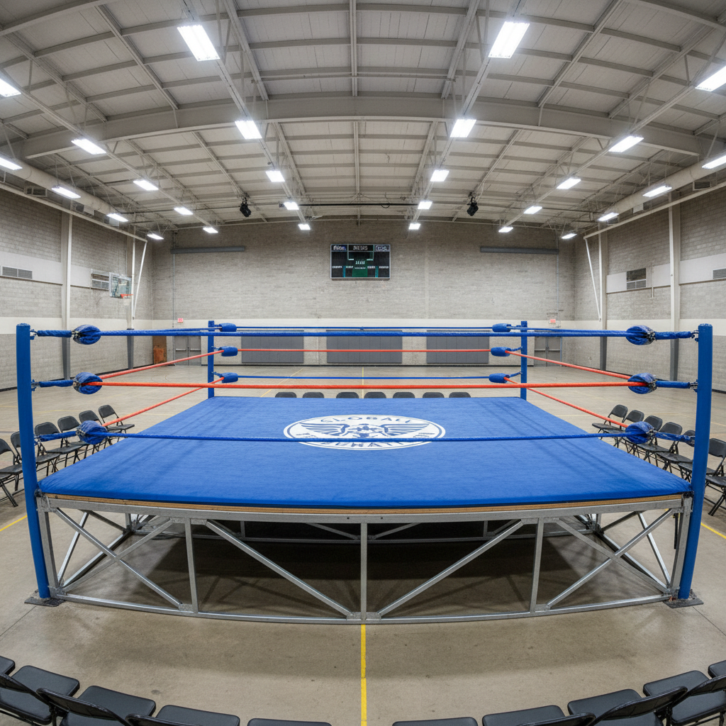 Large professional wrestling ring in gym with overhead lighting, blue and orange ring ropes