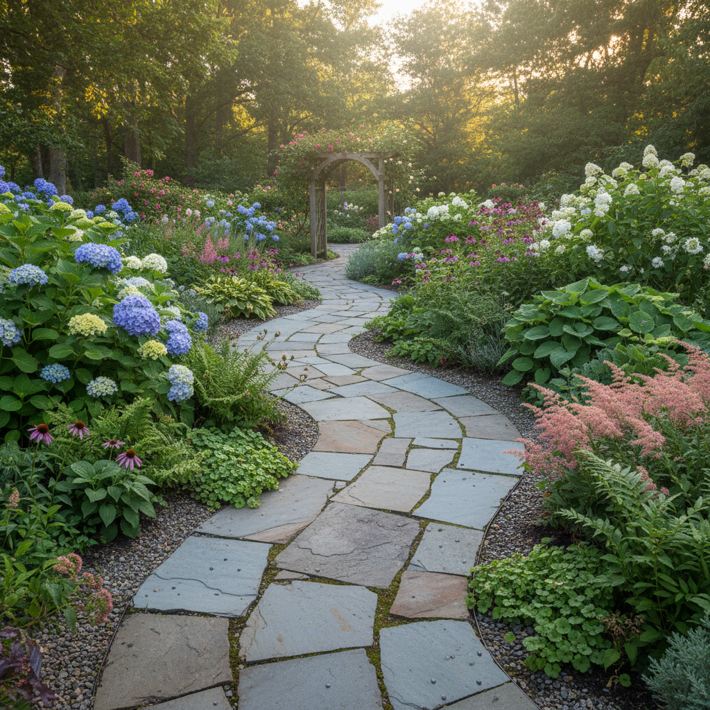 Pennsylvania bluestone flagstone path leading through garden beds to raised beds
