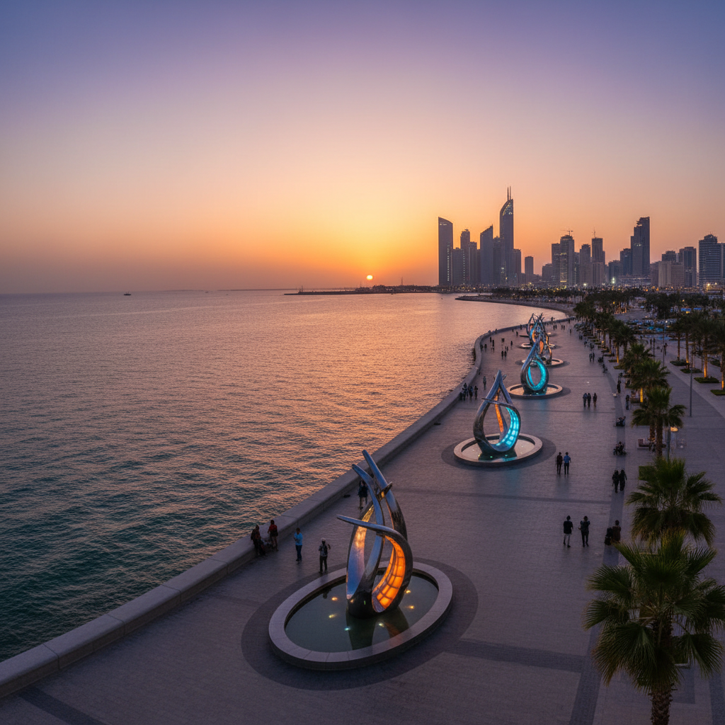 Jeddah waterfront with modern architecture and Red Sea coastline at sunset