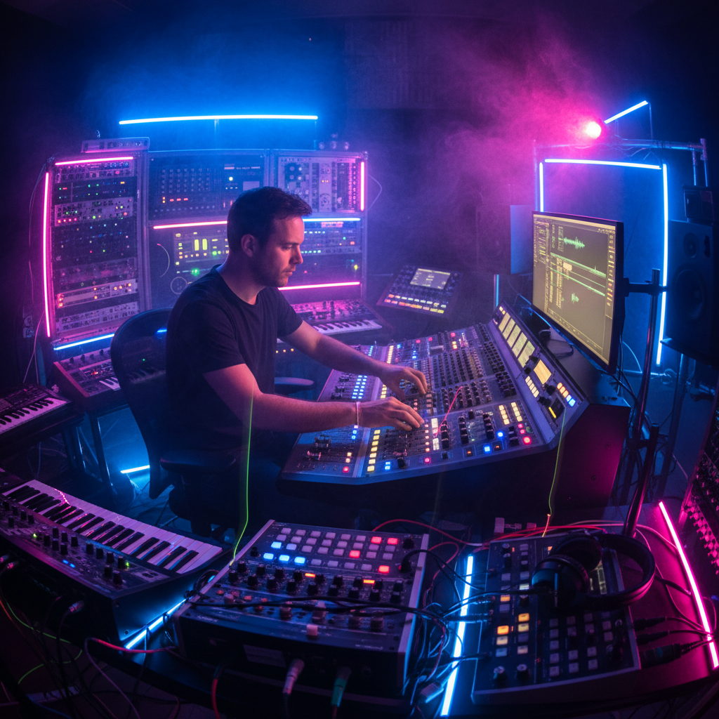 Synthwave Studios music production setup — neon-lit mixing board in dark studio