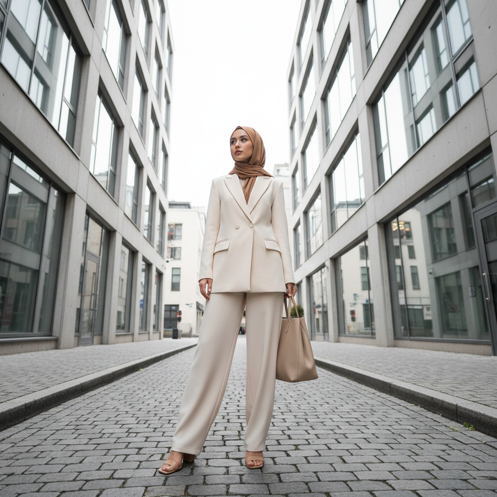 Modest fashion styling basics showing layered outfit with neutral tones, flowing silhouettes, and elegant accessories