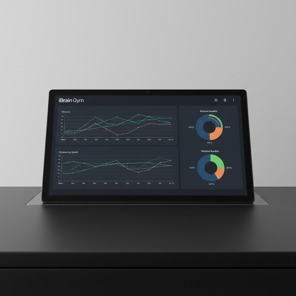 iBrain Gym cognitive assessment interface showing longitudinal performance tracking and personal baseline charts