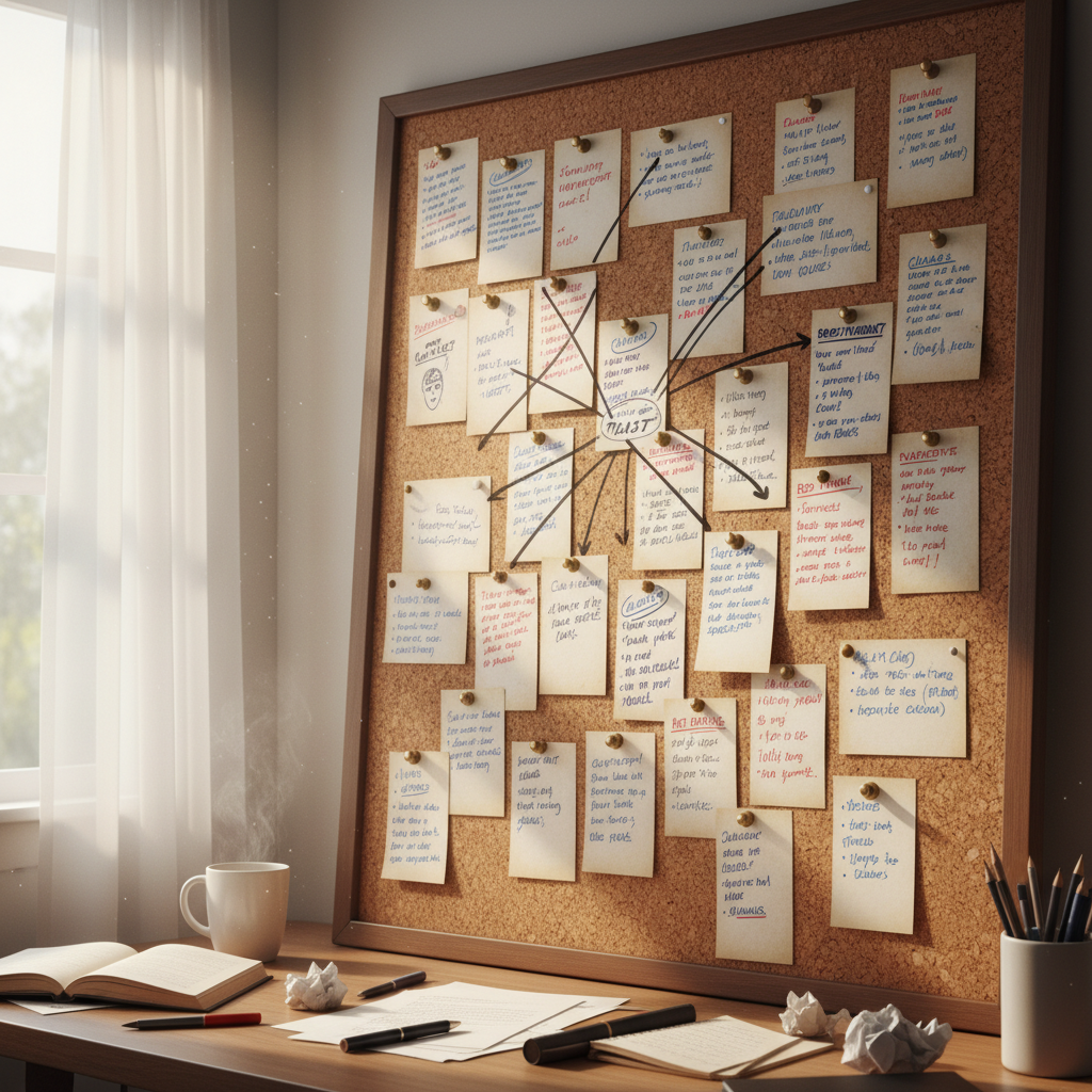 Index cards pinned to a corkboard in a writer's room, covered in handwritten notes