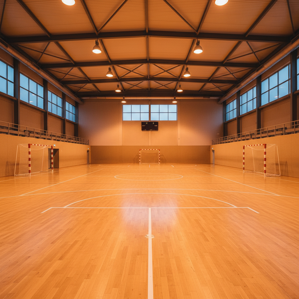 Empty handball court with amber overhead lighting, polished wood floor