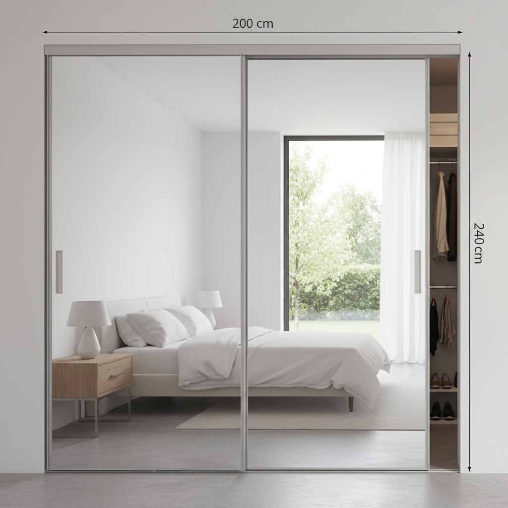 Clóset con puertas de espejo y marco de aluminio negro en recámara moderna con iluminación cálida