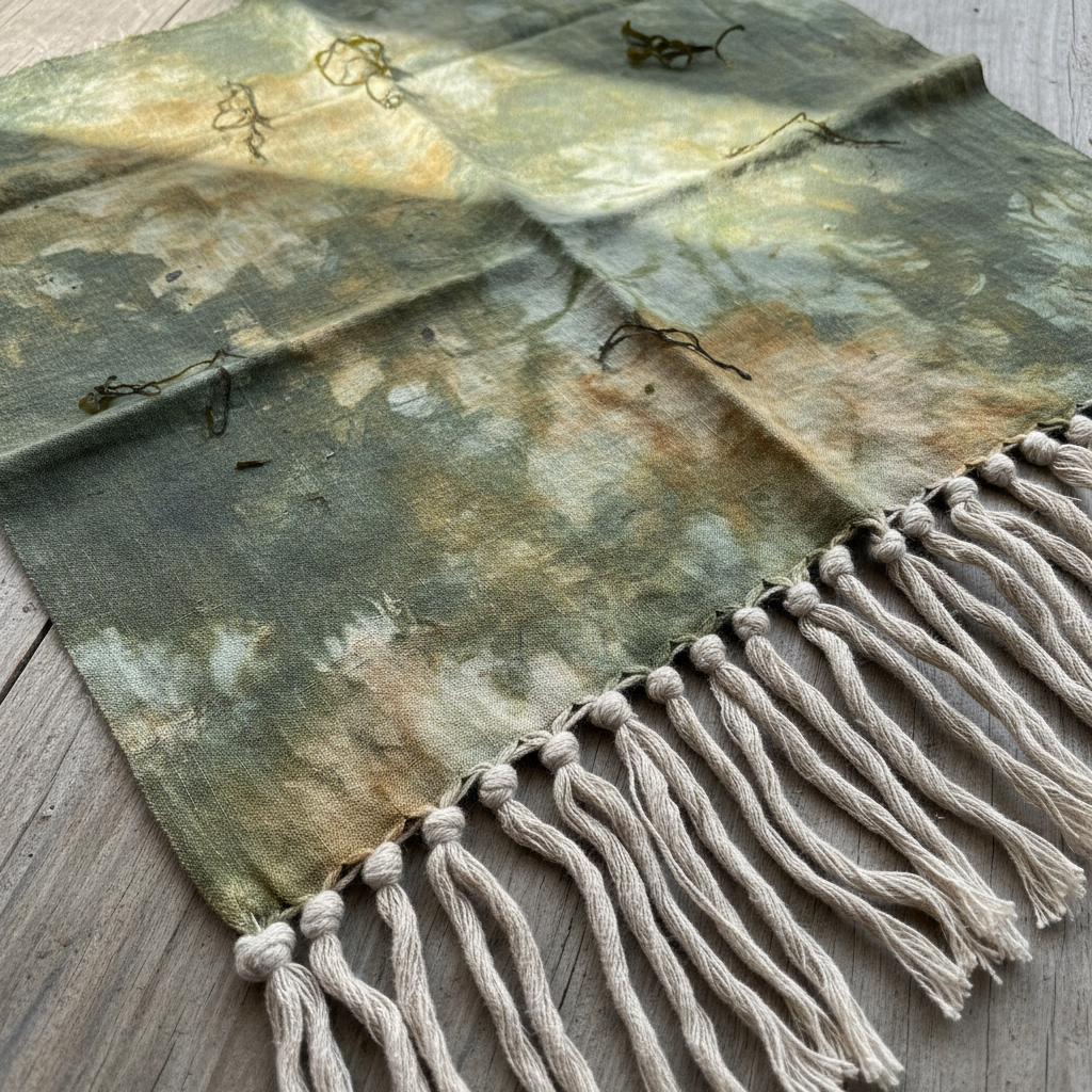 Linen textile dyed with seaweed in earthy greens and tans with long hand-knotted fringe at the bottom edge