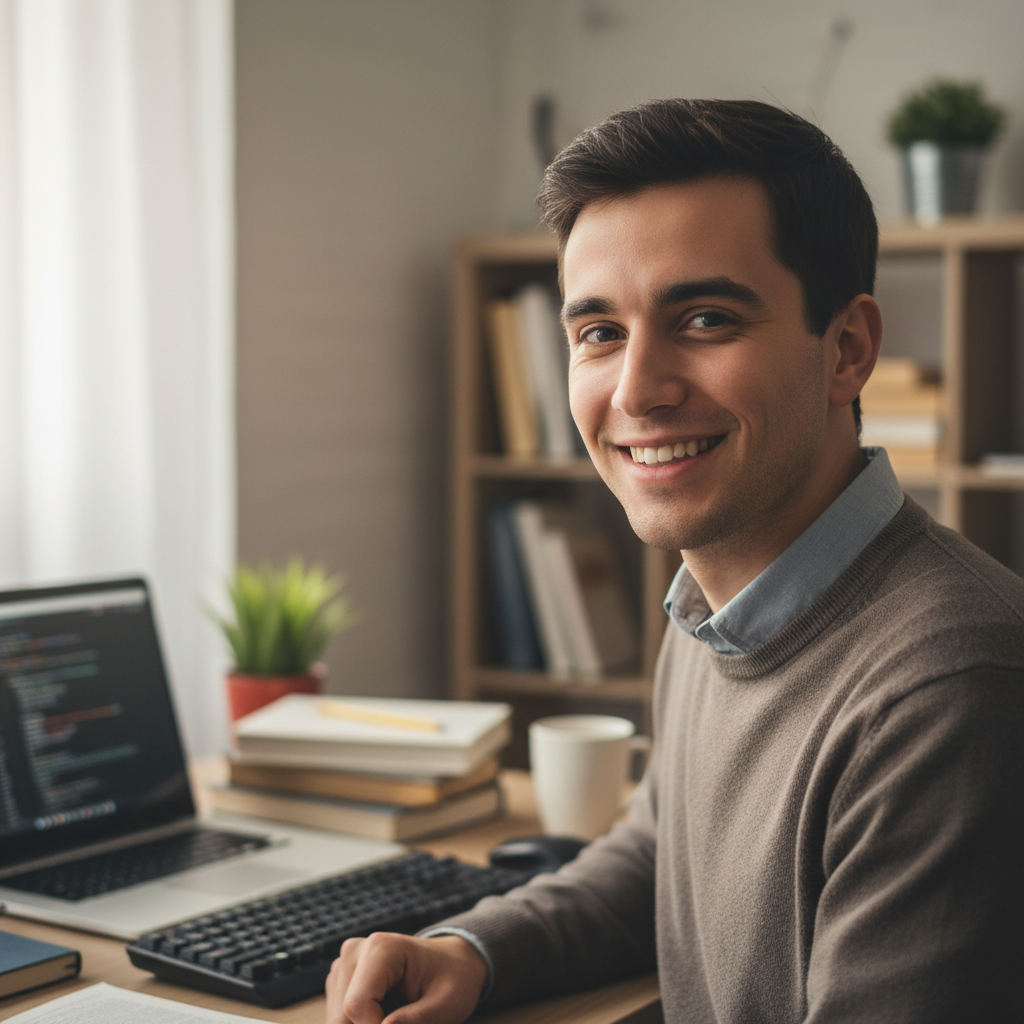 Confident adult working independently on a laptop at home, smiling