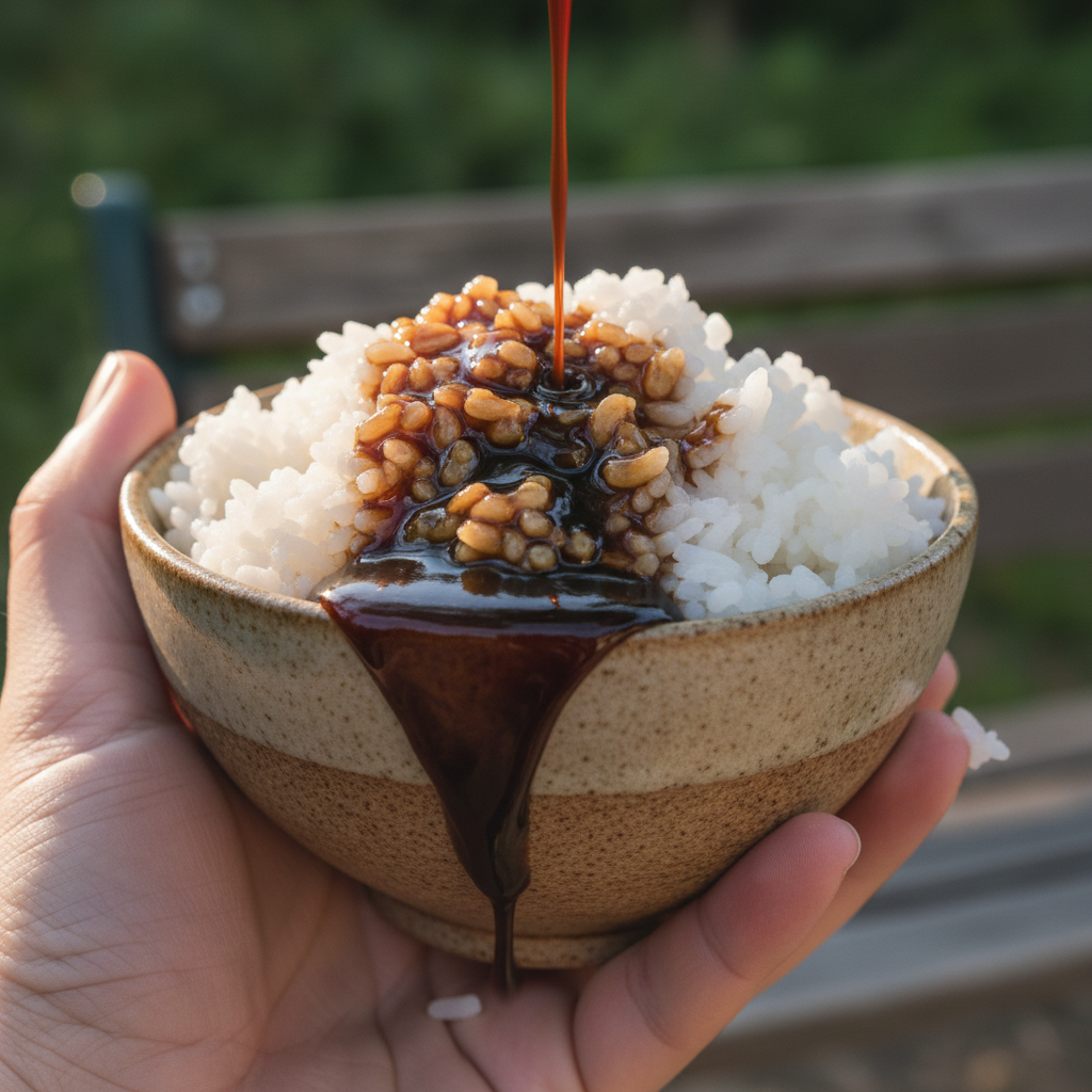 Hand holding a Grain rice bowl on a park bench, sauce dripping over the side