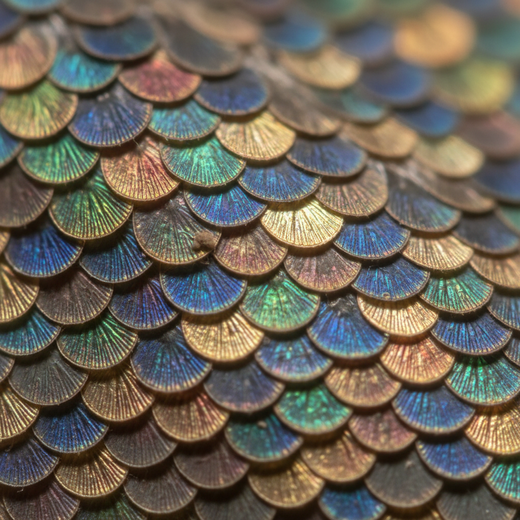 Extreme macro photograph of moth wing scales showing iridescent overlapping tile pattern