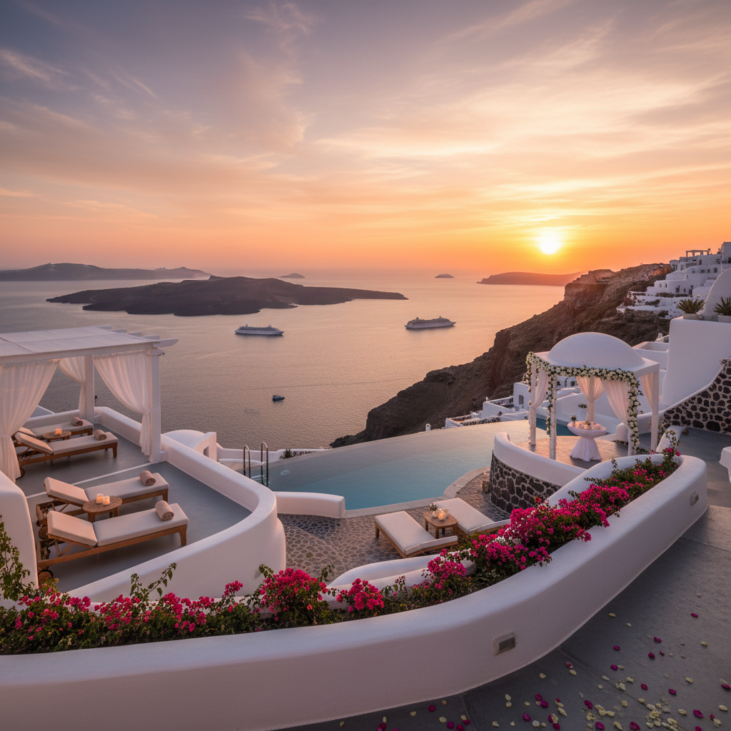 Dark stone villa on Santorini cliff, dramatic sunset, caldera view, deep shadows, white Cycladic architecture