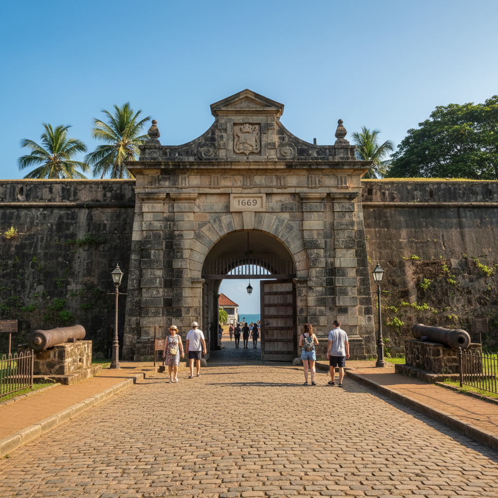 Galle Fort entrance gate Sri Lanka colonial architecture, cobblestone streets, Dutch colonial fortification walls
