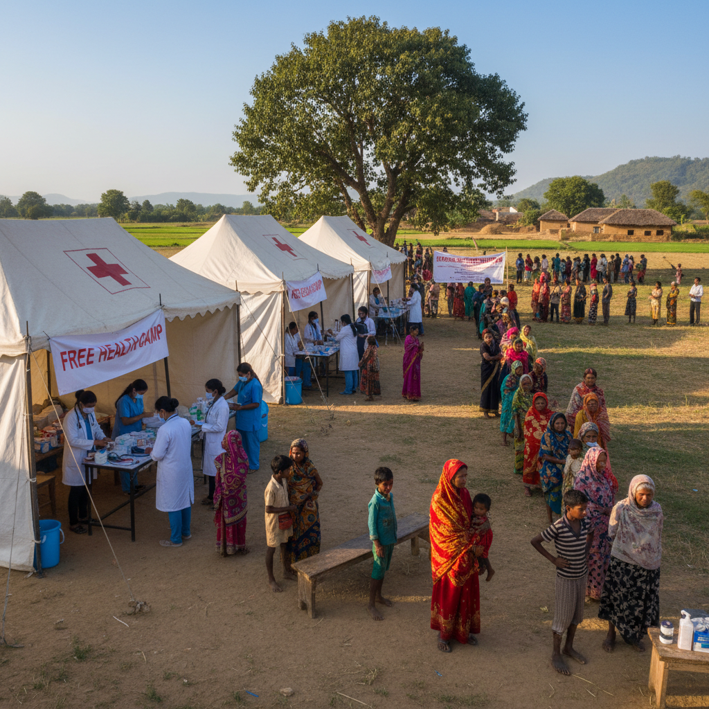 Community health workers conducting outdoor medical camp with patients waiting in line under tent