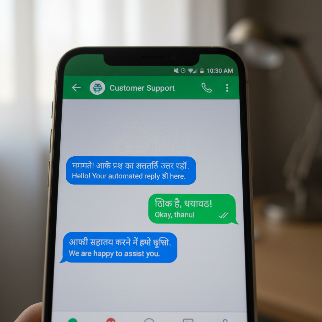Smartphone screen showing WhatsApp Business chat with automated responses in cozy office