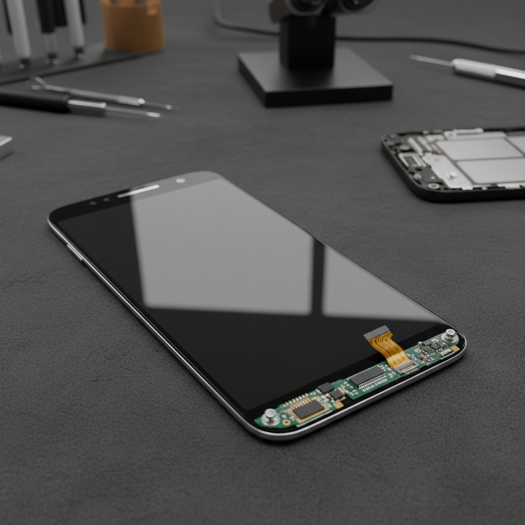 Electronic components and circuit board on dark background, custom phone assembly environment
