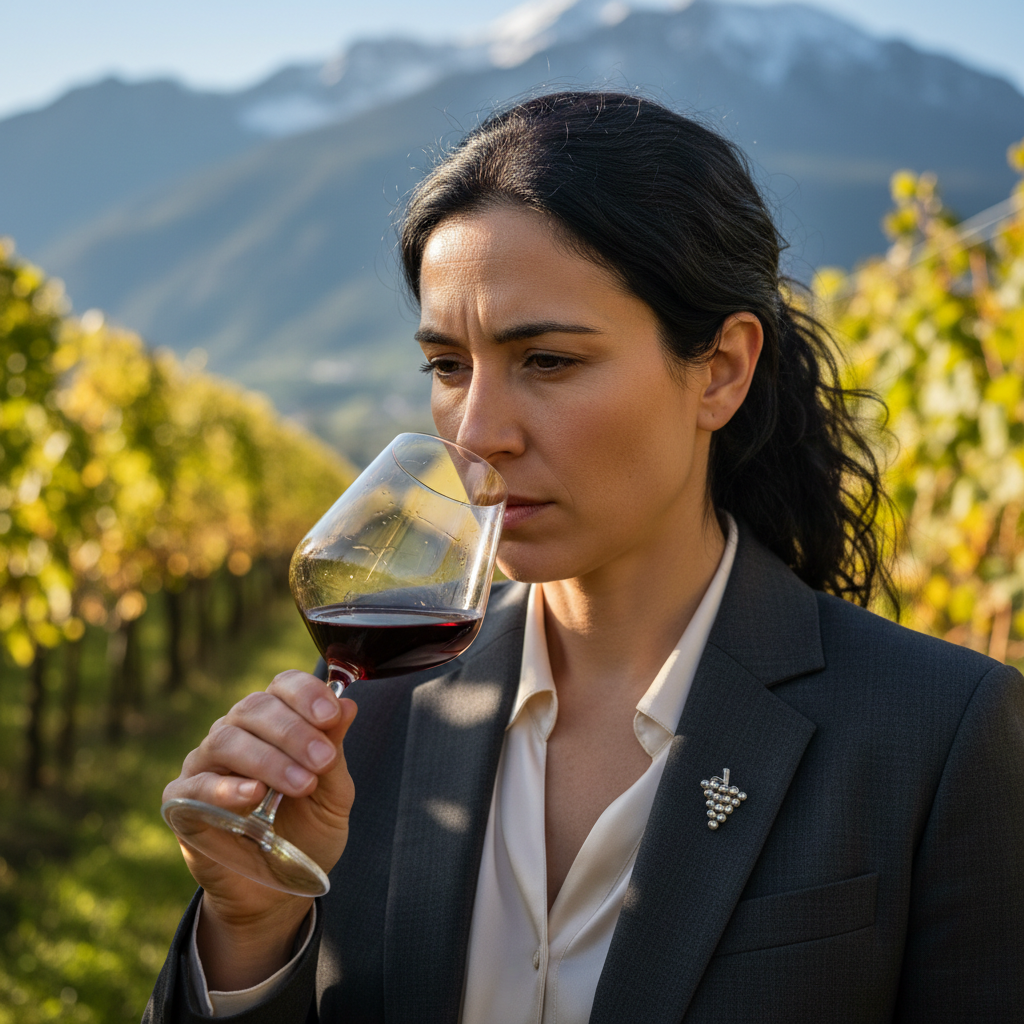 French woman sommelier with dark hair tasting wine at alpine vineyard