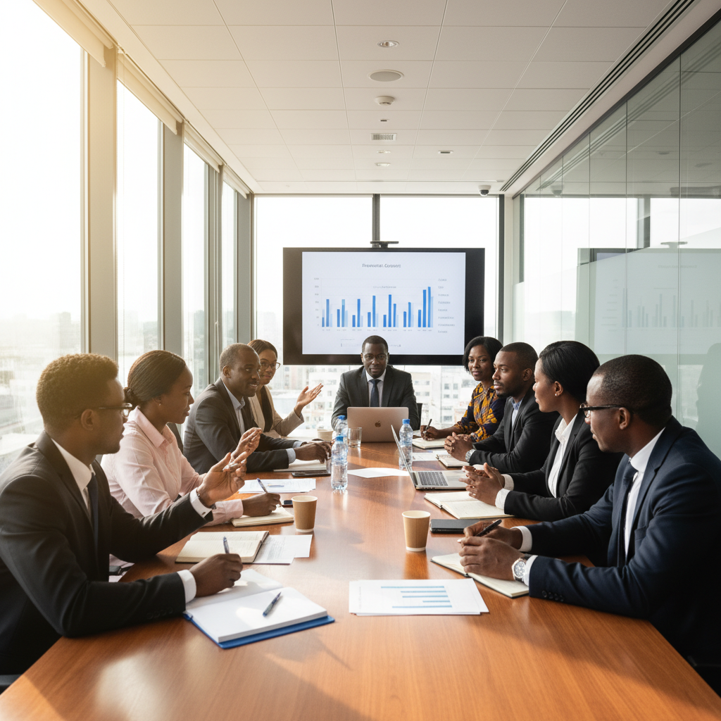 African business professionals in meeting room, bright modern office, dark suits, collaborative atmosphere