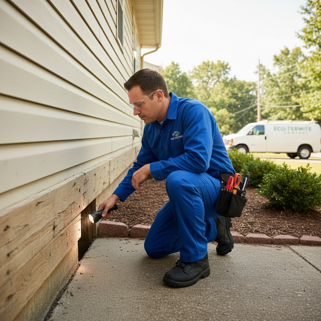 Pest control technician performing thorough termite inspection on a Caribbean property foundation