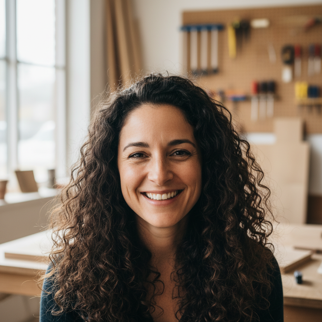Maya Okonkwo, a woman with natural hair smiling warmly in a bright workshop