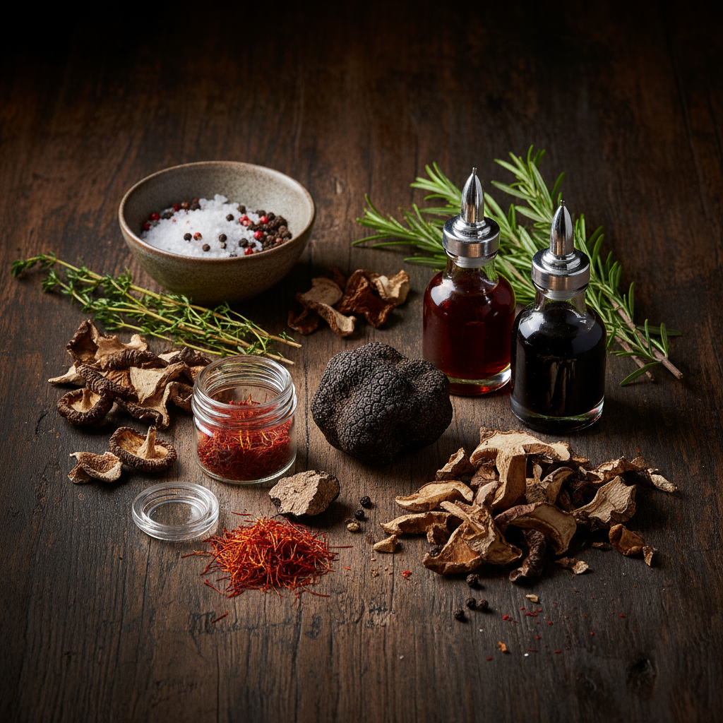 Artisan winter meal kit ingredients on dark wood — saffron, truffle, dried mushrooms, and luxury condiments in moody warm light