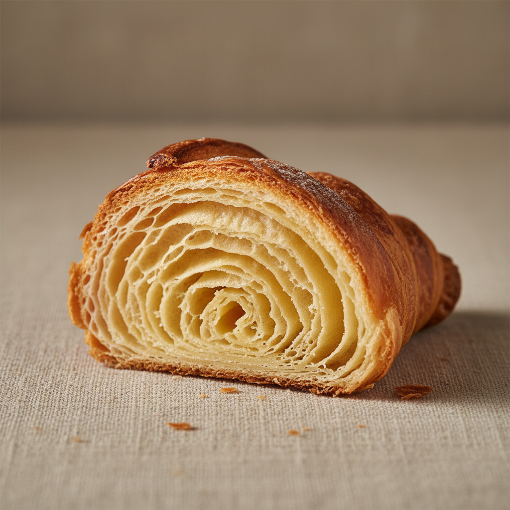 Croissant auriu proaspăt copt cu stratificare vizibilă pe fundal de lemn natural luminos