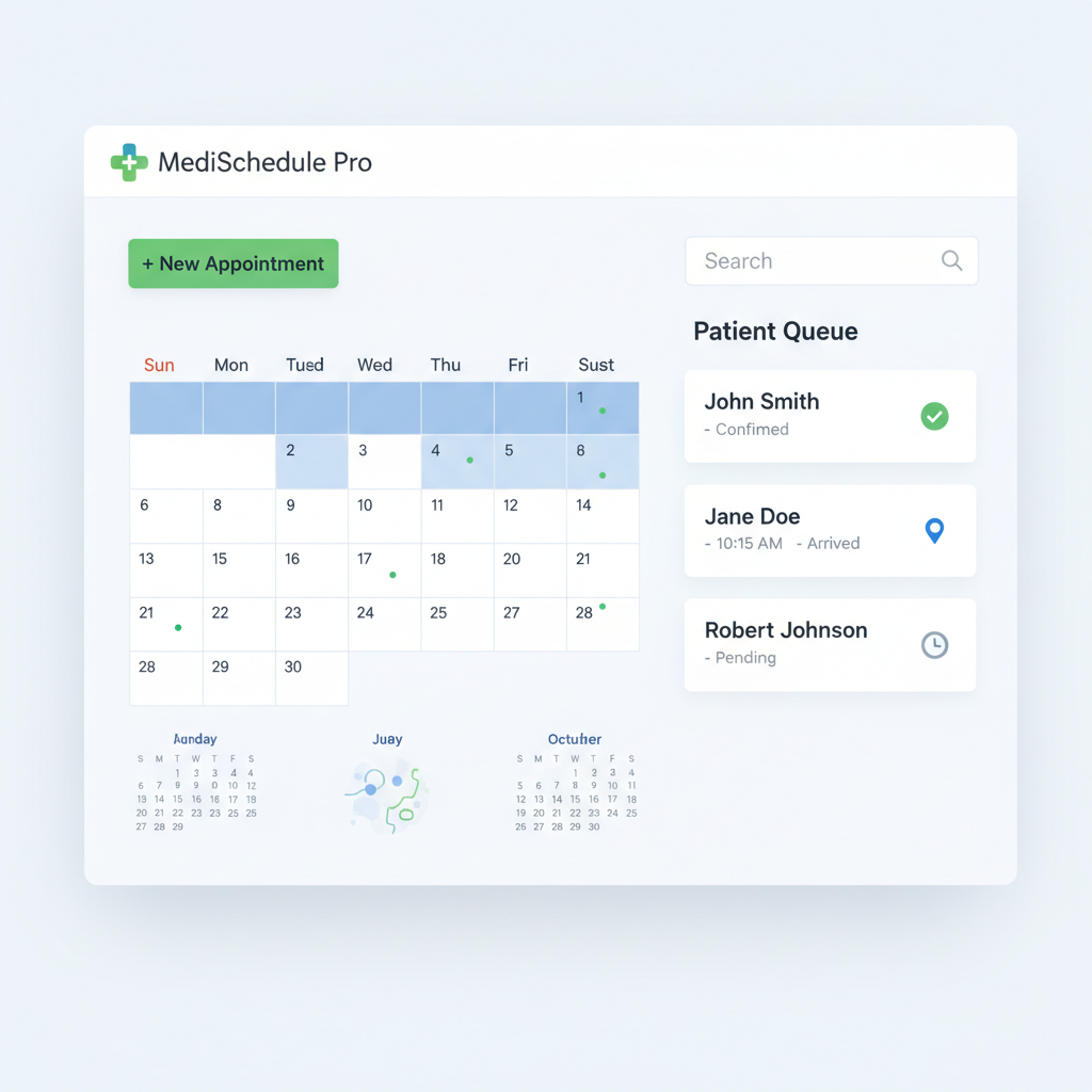 Healthcare scheduling interface with calendar and patient management UI, clean modern design