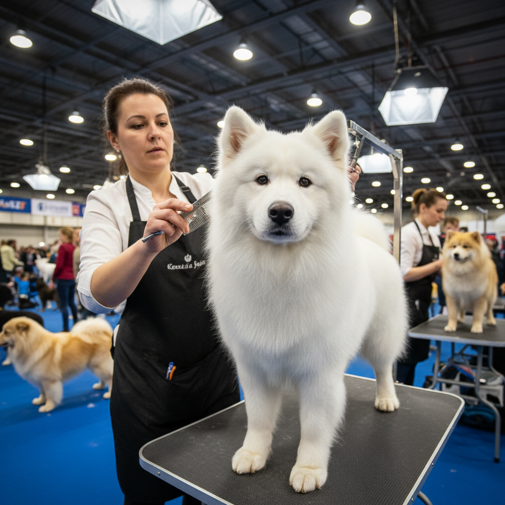 Professional groomer carefully trimming a fluffy white dog on a grooming table, bright clean salon