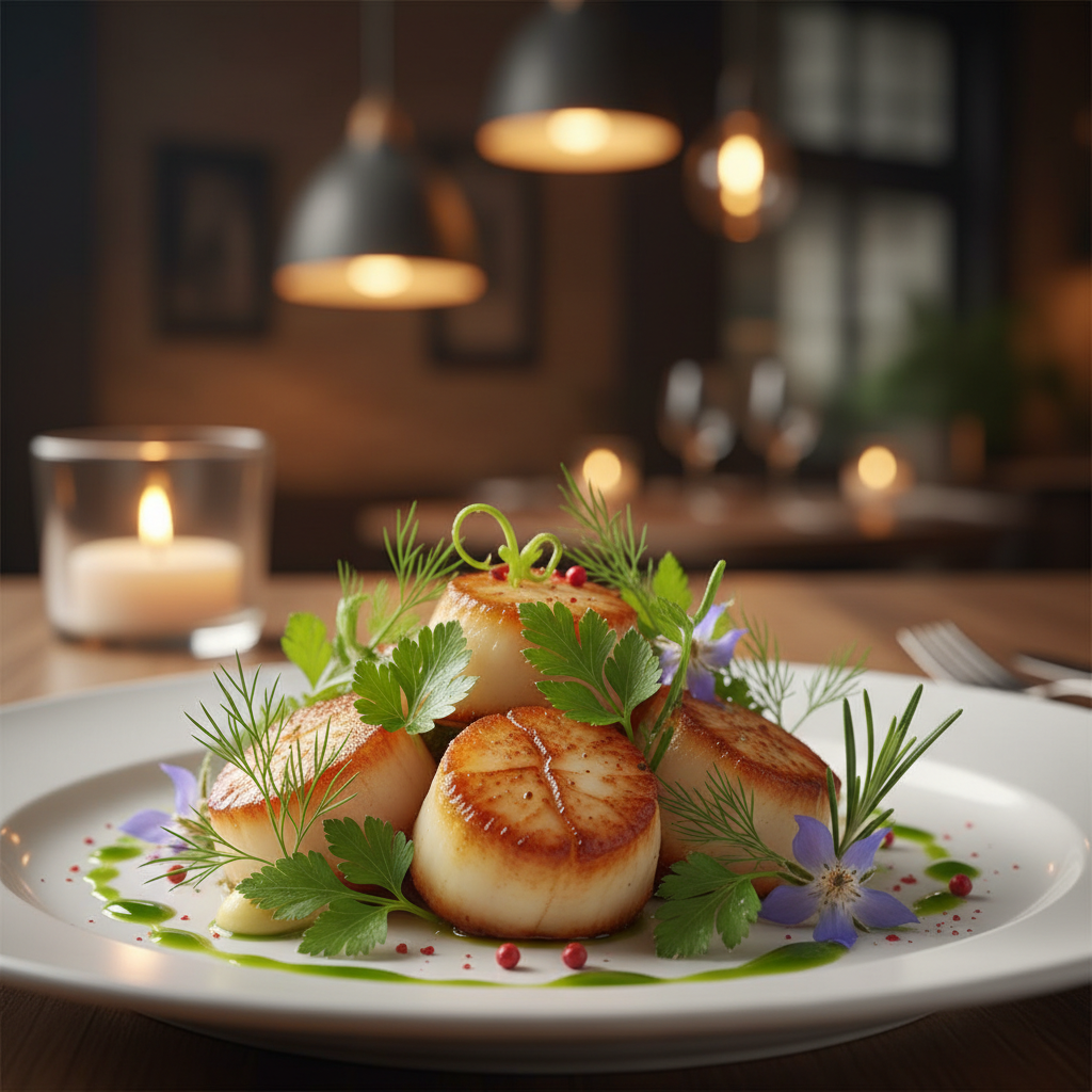 Elegant restaurant plating with herbs and warm lighting