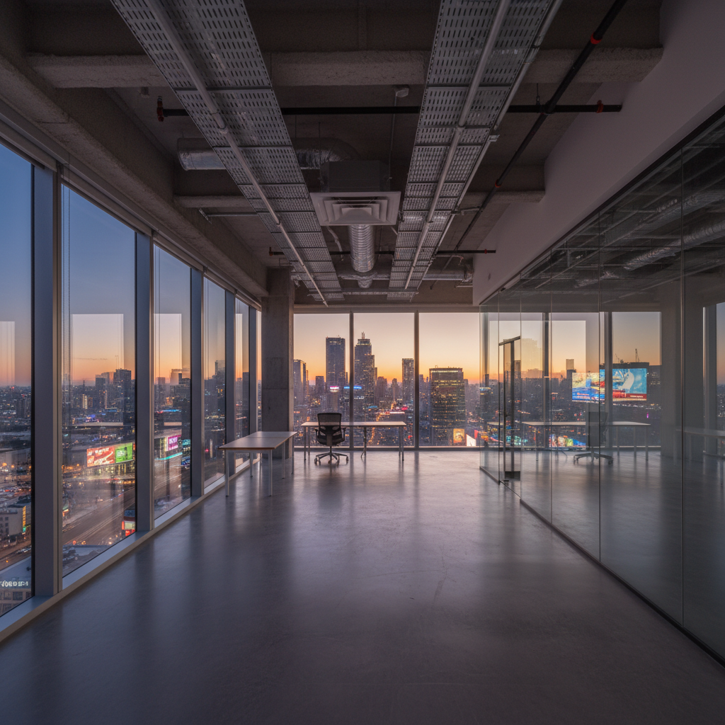 Vacant commercial office suite at dusk with floor-to-ceiling glass reflecting city lights and exposed ceiling grid overhead