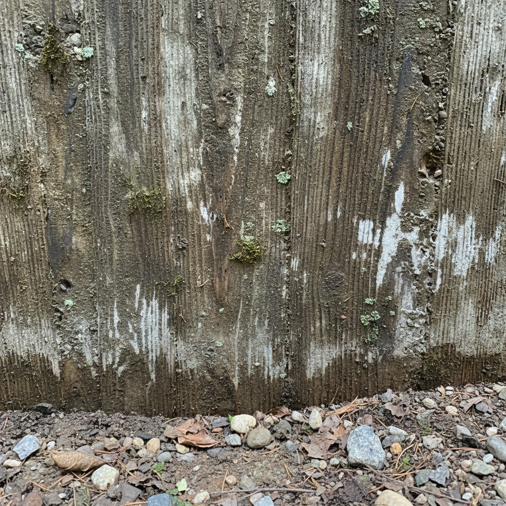 Board-formed concrete base detail at grade, showing texture and natural weathering