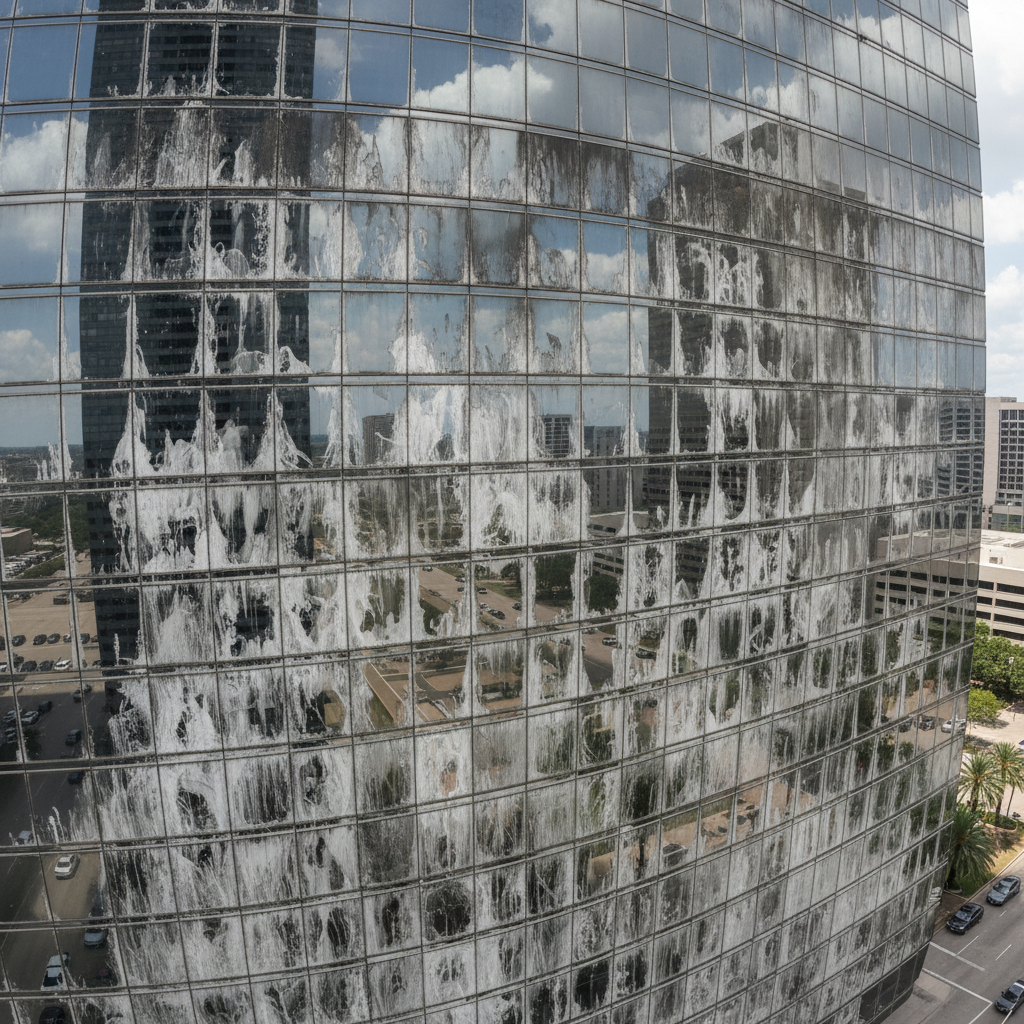 Houston high-rise glass facade covered in hard-water deposits and Gulf Coast grime before cleaning