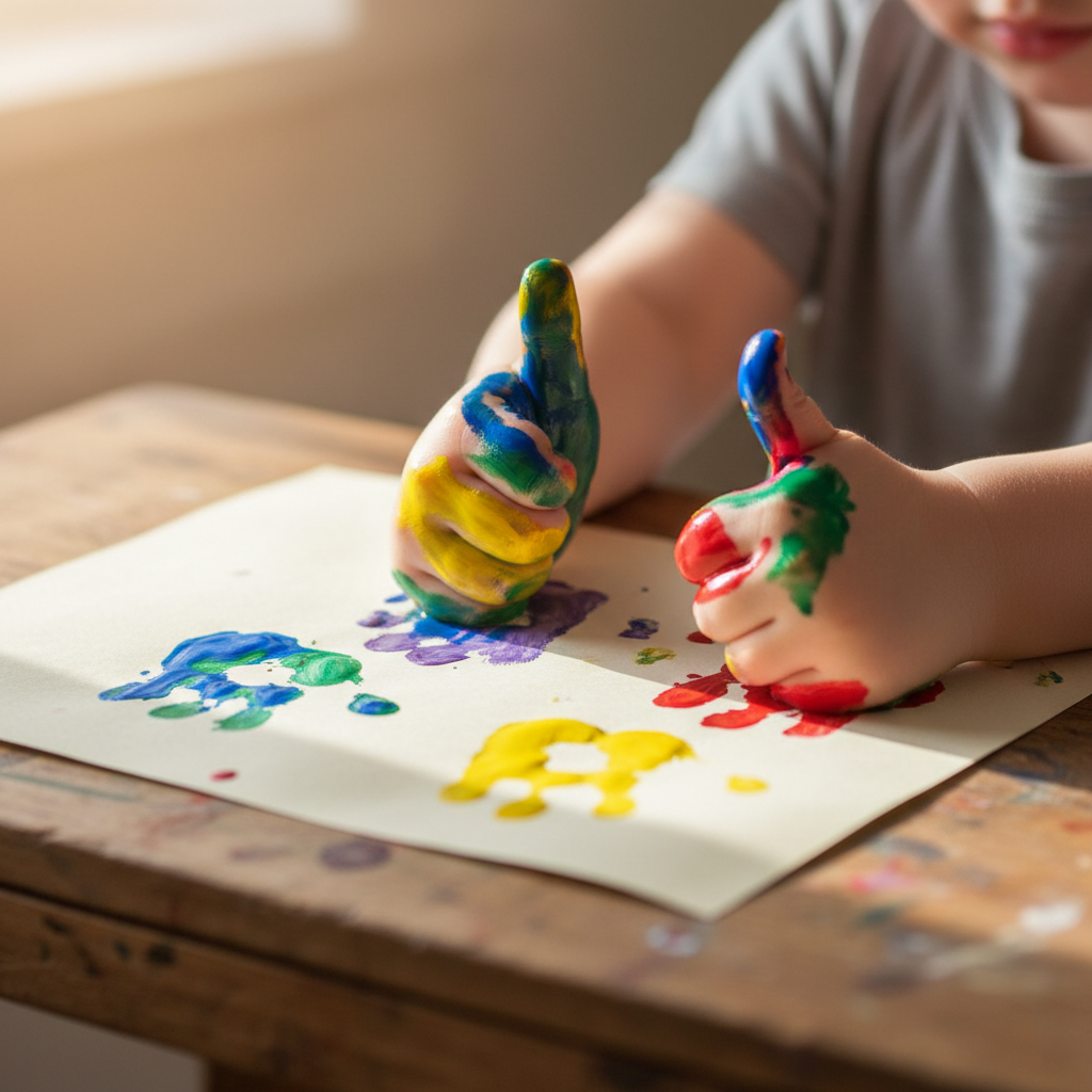 Child with paint-covered hands pressing natural leaf prints onto white paper in outdoor workshop