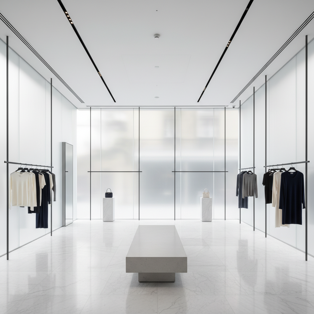 Minimalist contemporary fashion flagship with marble floors and frosted glass panels