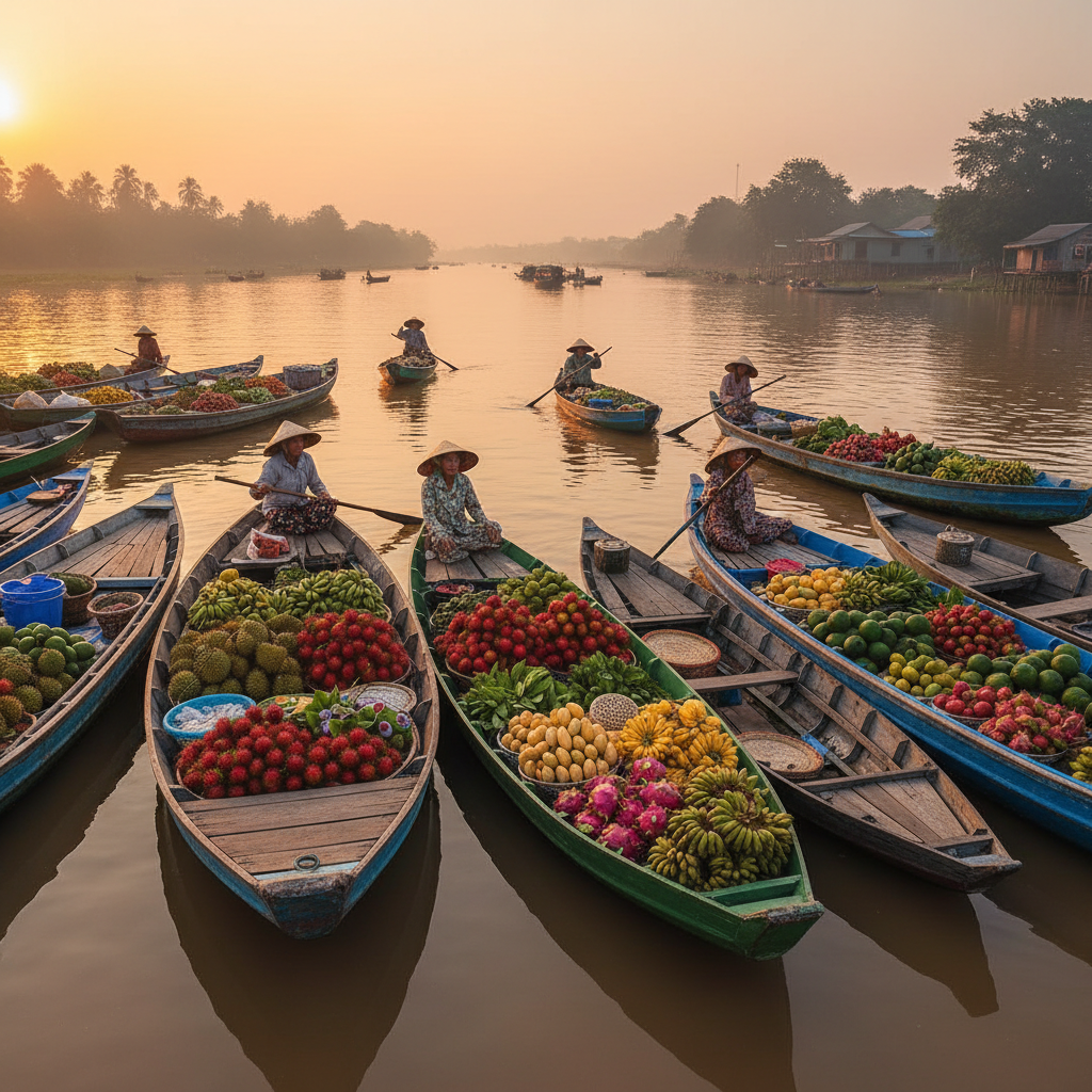 Mekong Delta floating market at dawn, wooden boats laden with tropical fruit and vegetables, reflected in still brown water