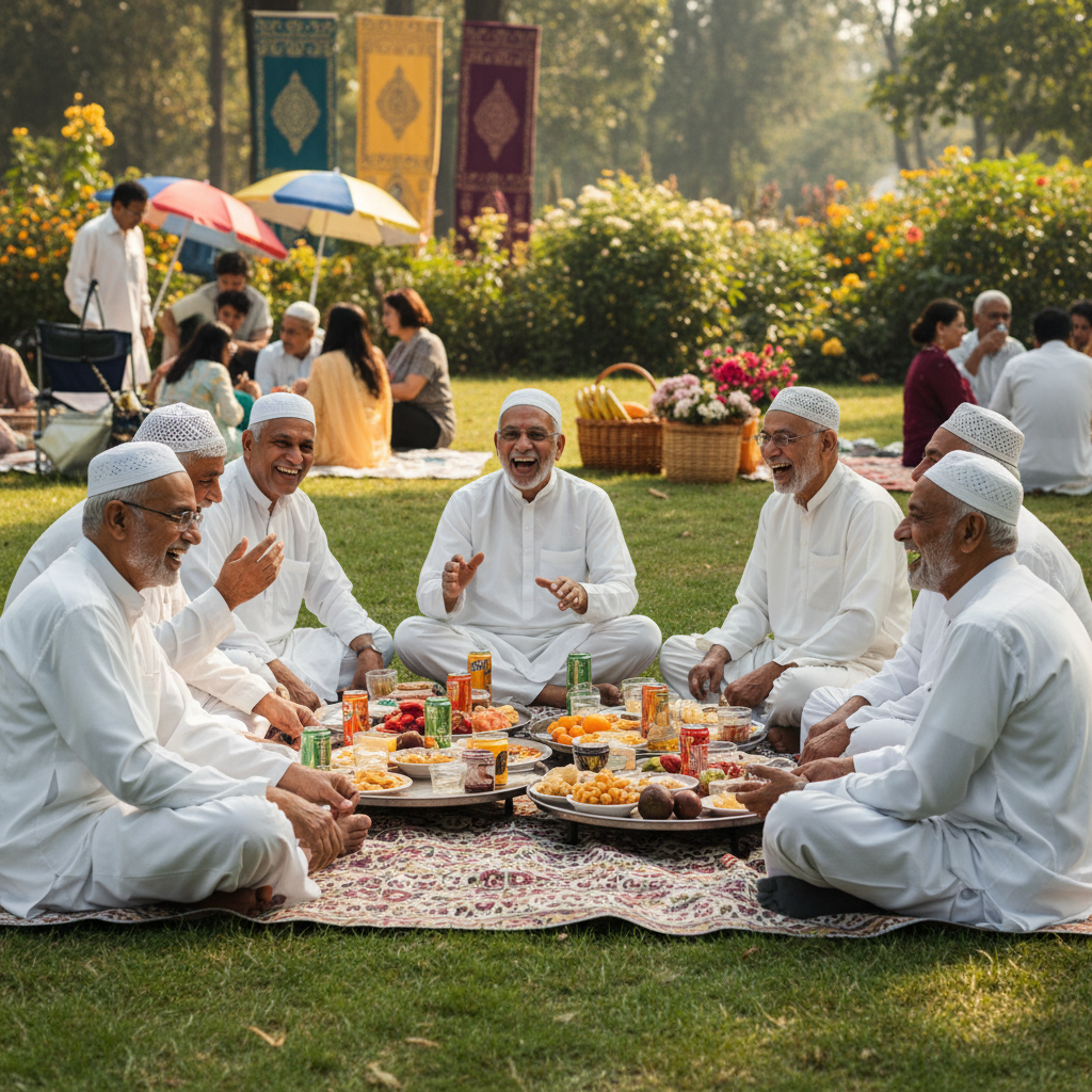 Elderly men in white kurtas sitting together at a community picnic laughing
