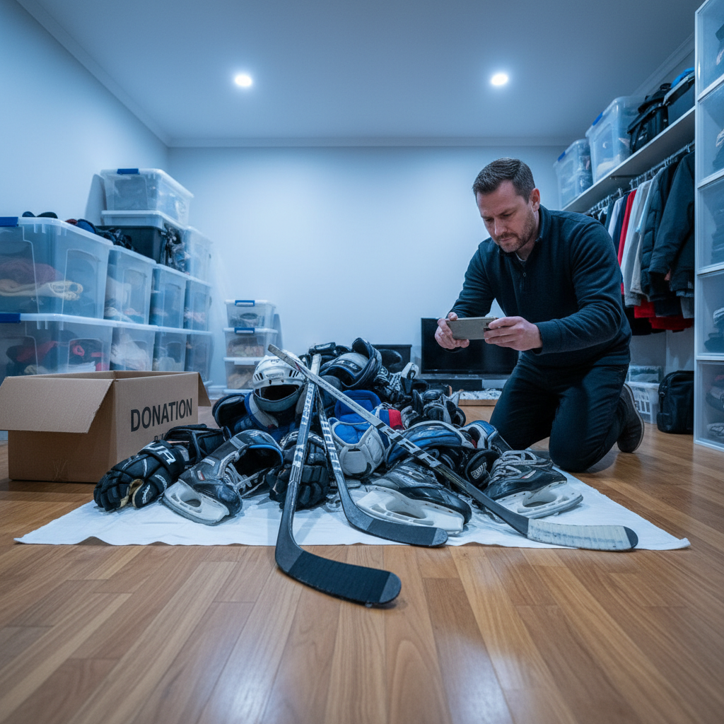 Parent québécois photographiant son équipement de hockey pour le donner