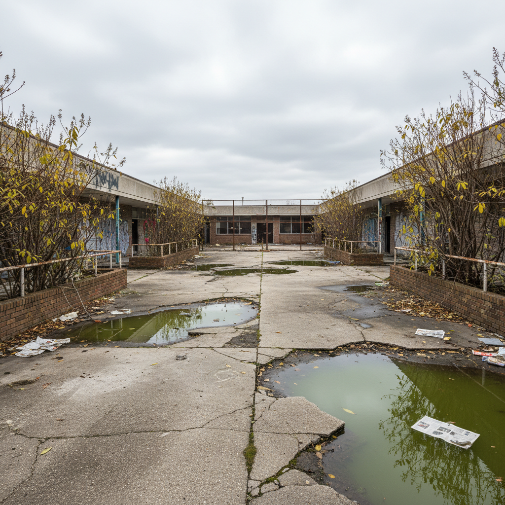 Neglected commercial courtyard with cracked concrete, leggy overgrown shrubs, and standing water pooling on ungraded surface
