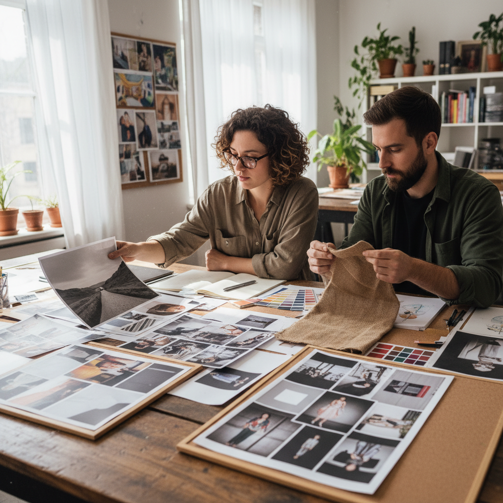 Small creative studio workspace with design work pinned on walls and two people working at desks